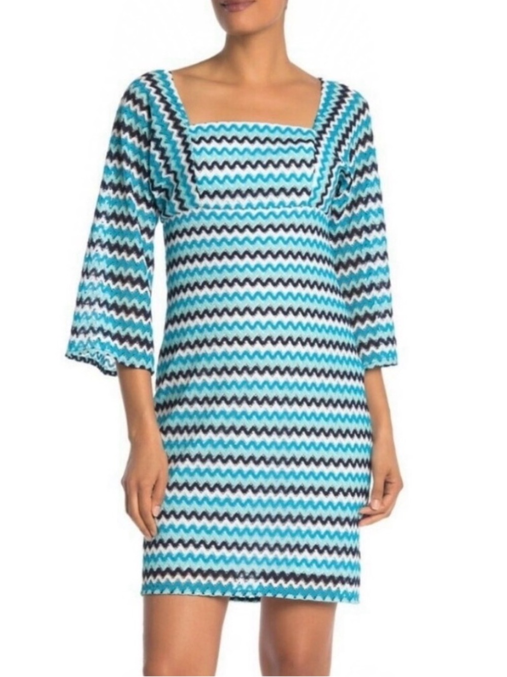 Trina Turk Blue Chevron Lace Square Neck Shift Dress